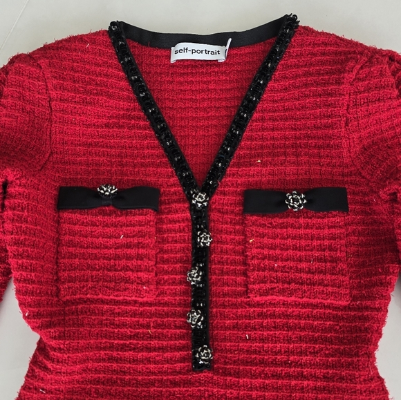 Self-Portrait Textured Knit Long-Sleeve Dress - Red with Black Details - Small - Picture 4 of 10